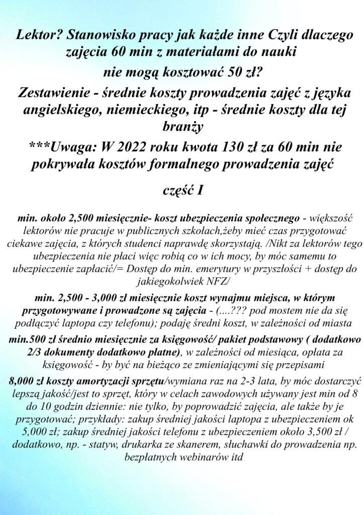 część 1 Dlaczego cena zajęć z języka angielskiego nie może wynosić 50 zł