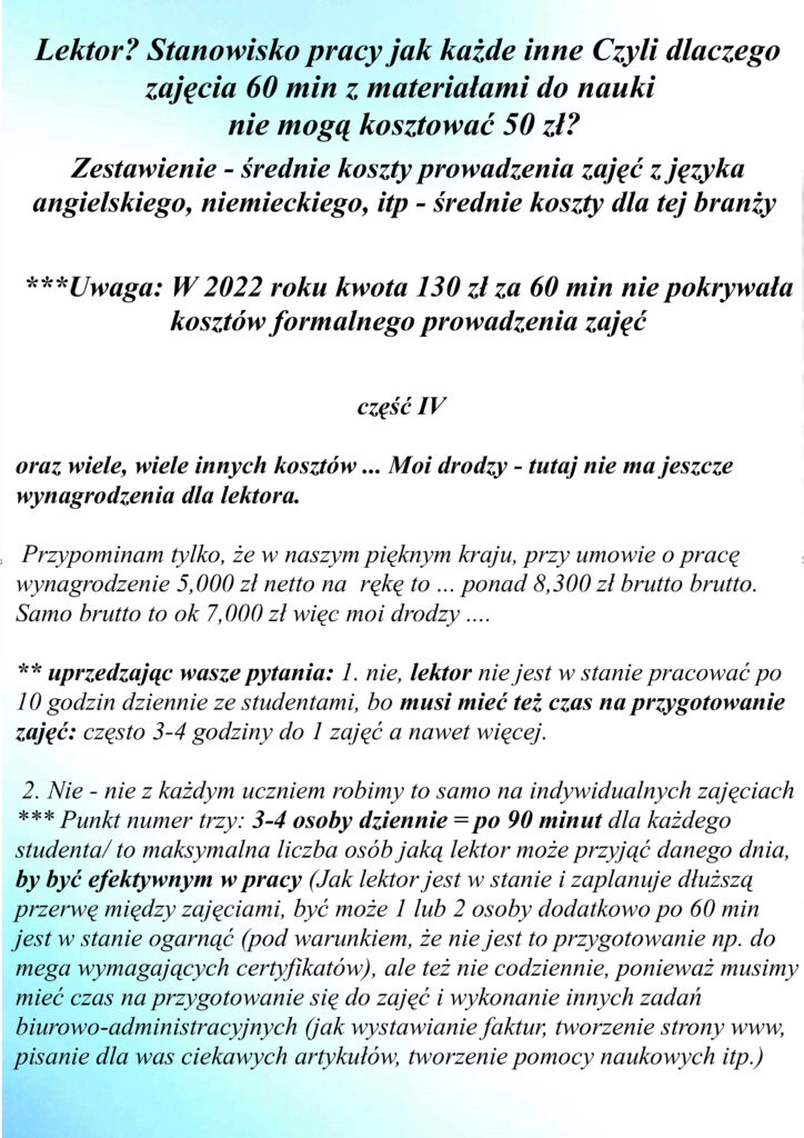 Część IV Dlaczego zajęcia z języka angielskiego nie mogą kosztować 50 zł