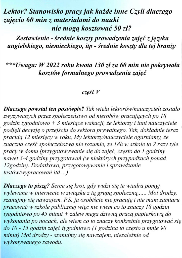 Część V Dlaczego zajęcia z języka angielskiego nie mogą kosztować 50 zł